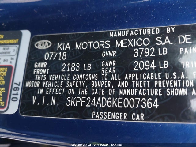 2019 KIA FORTE LXS VIN: 3KPF24AD6KE007364