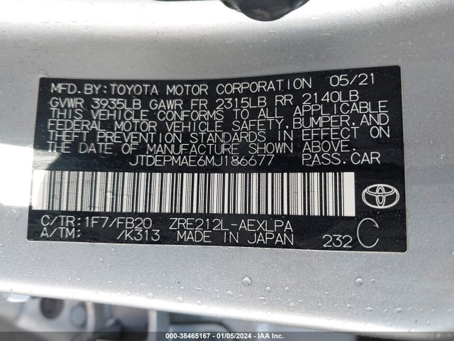 2021 TOYOTA COROLLA LE VIN: JTDEPMAE6MJ186677