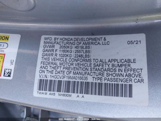 1HGCV3F19MA016635 Honda ACCORD HYBRID