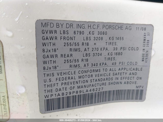 2009 PORSCHE CAYENNE WP1AB29P89LA46227 Photo 8