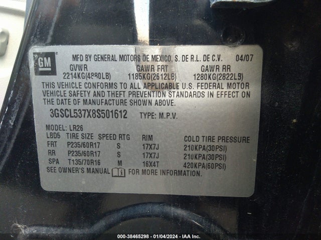 2008 SATURN VUE XR VIN: 3GSCL537X8S501612