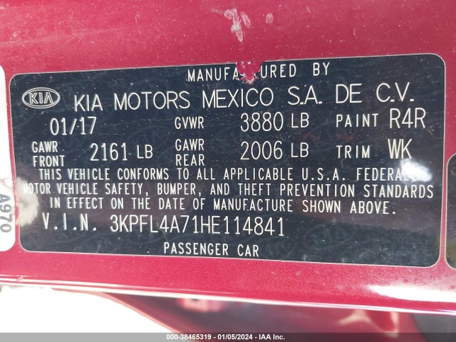 2017 KIA FORTE S VIN: 3KPFL4A71HE114841