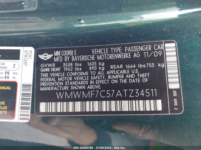 2010 MINI COOPER S WMWMF7C57ATZ34511 Photo 8