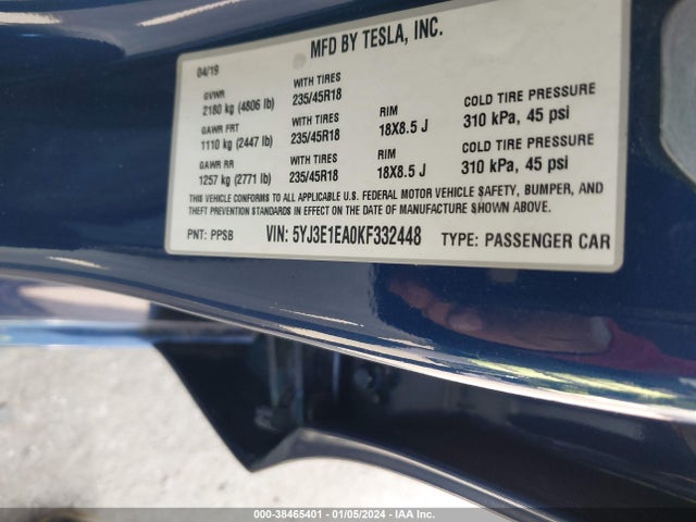 Tesla Model 3 Long Range/mid Range/standard Range/standard Range Plus 2019 5YJ3E1EA0KF332448 Image 9