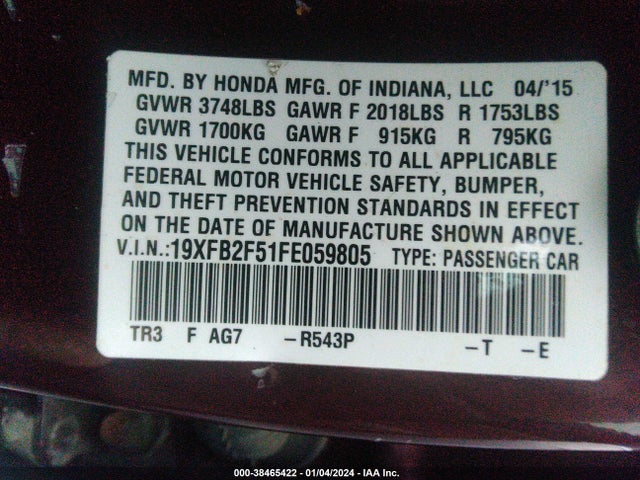 Honda Civic Lx 2015 19XFB2F51FE059805 Image 9