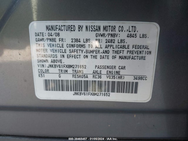 2008 INFINITI G35X VIN: JNKBV61FX8M271652