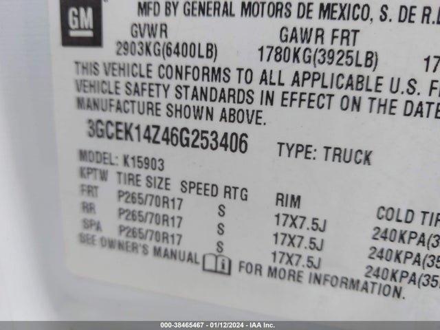 2006 CHEVROLET SILVERADO 1500 WORK TRUCK VIN: 3GCEK14Z46G253406