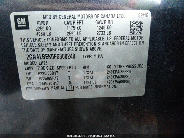 Chevrolet EQUINOX 1LT 2015 2GNALBEK5F6300240 Image 9