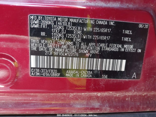 2020 TOYOTA RAV4 LE VIN: 2T3F1RFV5LW123176