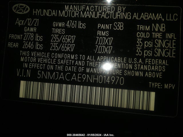 2022 HYUNDAI TUCSON SE VIN: 5NMJACAE9NH014970