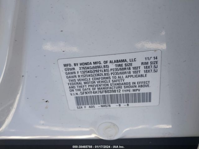 5FNYF4H76FB039812 Honda Pilot Ex-l