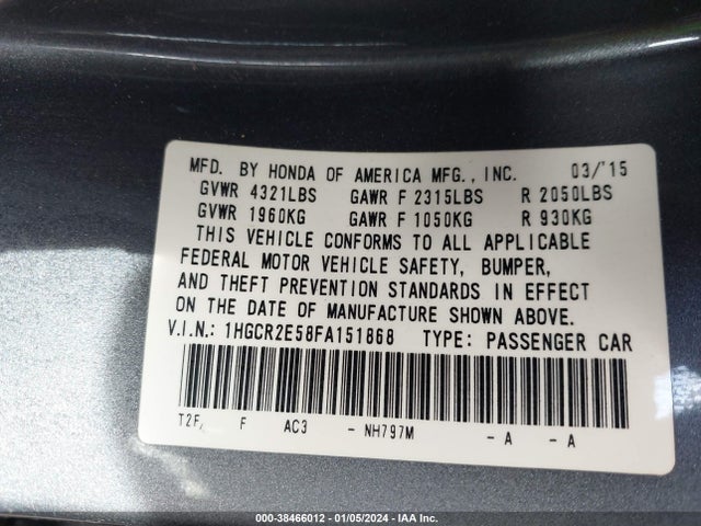 2015 HONDA ACCORD SPORT VIN: 1HGCR2E58FA151868