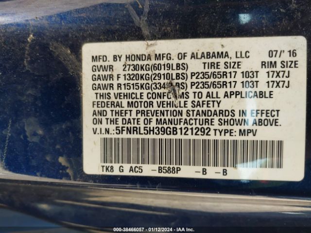 5FNRL5H39GB121292 Honda ODYSSEY SE