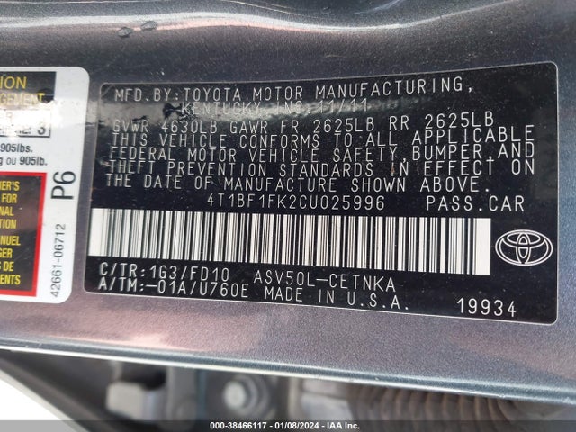 2012 TOYOTA CAMRY LE VIN: 4T1BF1FK2CU025996
