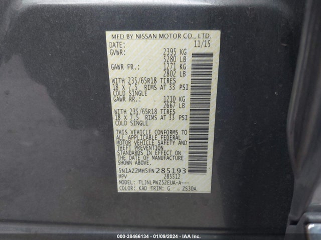 2015 NISSAN MURANO S VIN: 5N1AZ2MH5FN285193