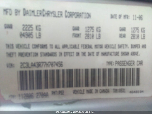 2007 CHRYSLER 300 VIN: 2C3LA43R77H707456