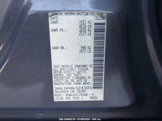 2017 NISSAN ALTIMA 2.5 SR VIN: 1N4AL3AP4HN324503