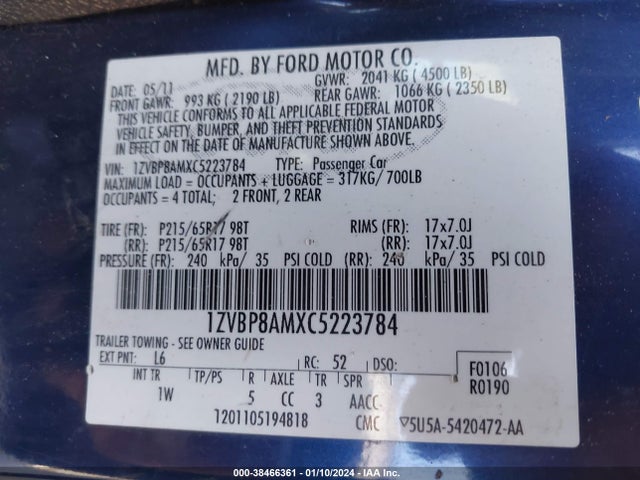 2012 FORD MUSTANG V6 VIN: 1ZVBP8AMXC5223784