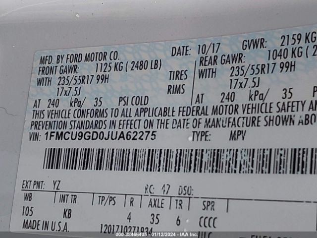 1FMCU9GD0JUA62275 Ford ESCAPE SE