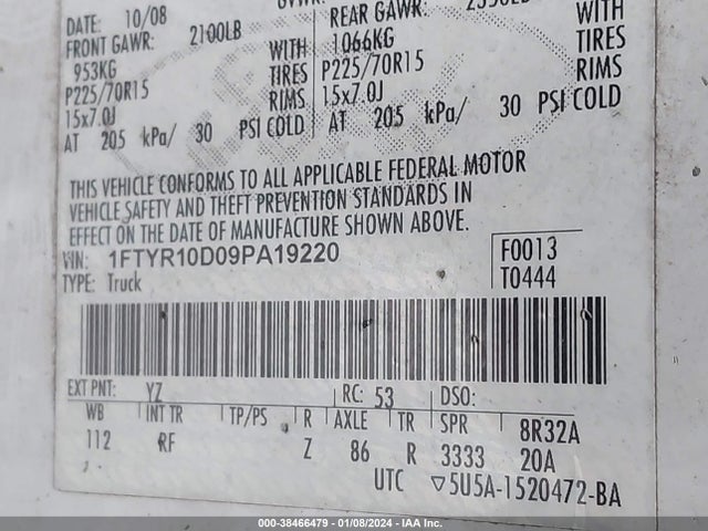 2009 FORD RANGER SPORT/XL/XLT VIN: 1FTYR10D09PA19220