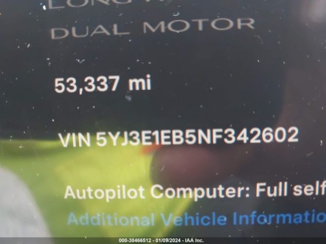 5YJ3E1EB5NF342602 Tesla Model 3 Long Range Dual Motor All-wheel Drive