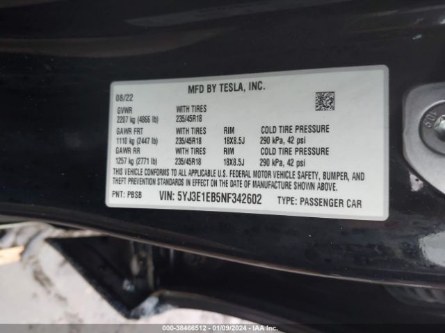 5YJ3E1EB5NF342602 Tesla Model 3 Long Range Dual Motor All-wheel Drive