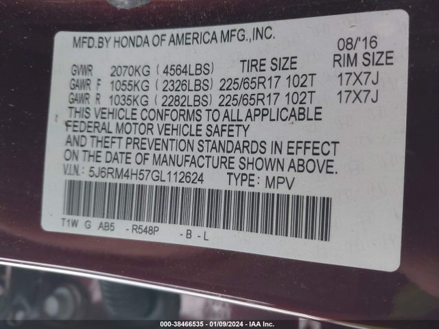 Honda CR-V EX 2016 5J6RM4H57GL112624 Image 9
