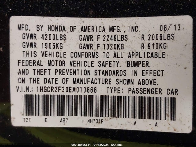 Honda ACCORD LX 2014 1HGCR2F30EA010868 Image 9