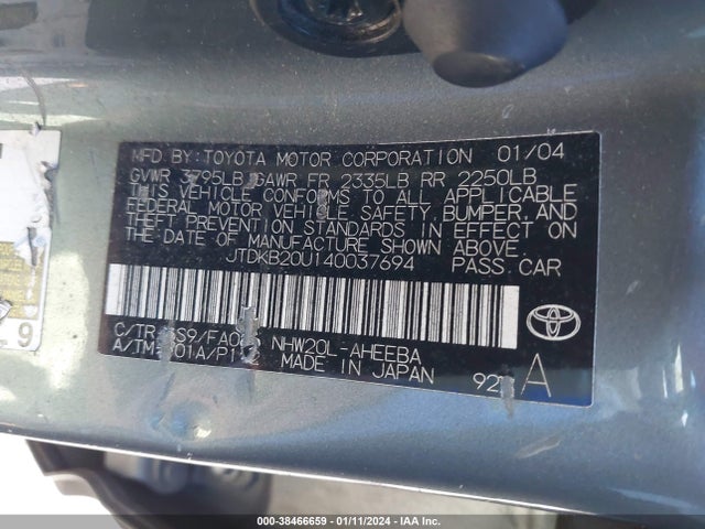 2004 TOYOTA PRIUS VIN: JTDKB20U140037694