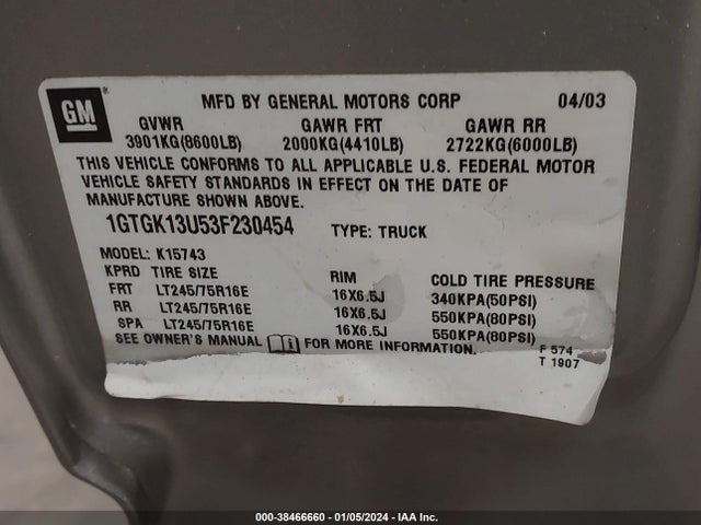 2003 GMC SIERRA 1500HD SLT VIN: 1GTGK13U53F230454