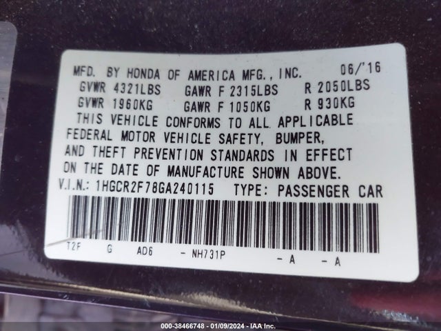 Honda ACCORD EX 2016 1HGCR2F78GA240115 Image 9