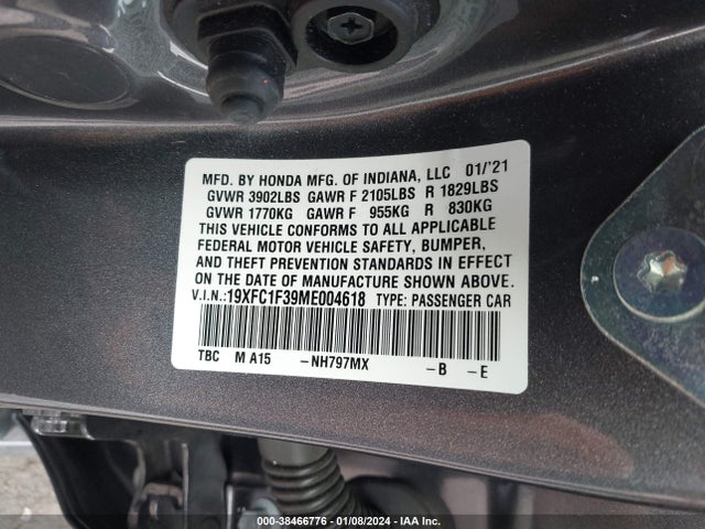 2021 HONDA CIVIC EX VIN: 19XFC1F39ME004618