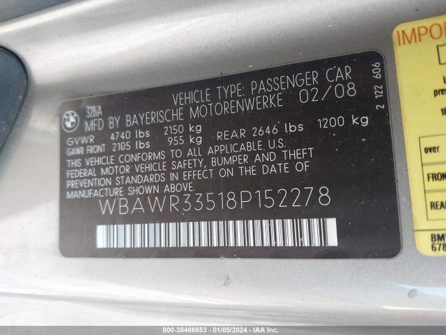 Продаж на аукціоні авто 2008 Bmw 328i, vin: WBAWR33518P152278, номер лоту: 38466853