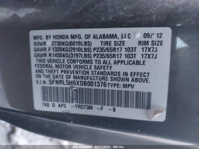 2013 HONDA ODYSSEY EX-L VIN: 5FNRL5H6XDB001376