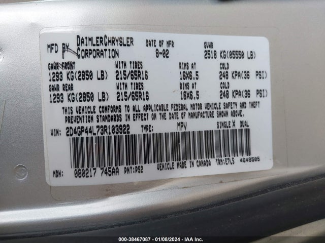 2003 DODGE GRAND CARAVAN SPORT VIN: 2D4GP44L73R103922