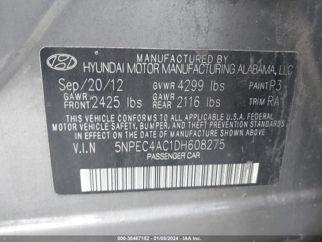 2013 HYUNDAI SONATA SE VIN: 5NPEC4AC1DH608275