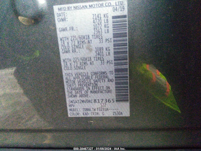2019 NISSAN ROGUE SV VIN: 5N1AT2MV0KC817365