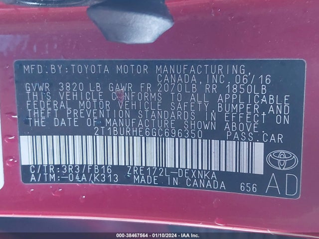 Toyota COROLLA LE 2016 2T1BURHE6GC696350 Image 9