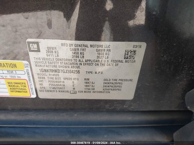 Chevrolet Traverse 2lt 2016 1GNKRHKD7GJ304256 Image 9