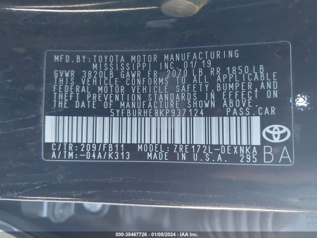 Toyota COROLLA LE 2019 5YFBURHE8KP937124 Image 9