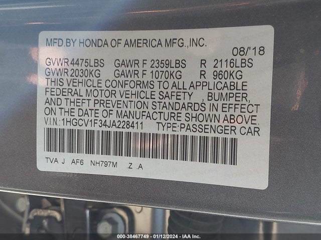 2018 HONDA ACCORD SPORT VIN: 1HGCV1F34JA228411