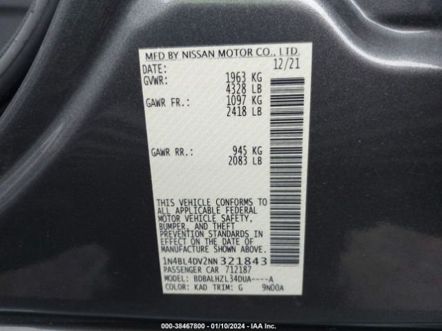 1N4BL4DV2NN321843 Nissan Altima Sv Fwd