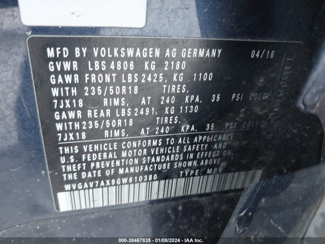 Volkswagen TIGUAN SE 2016 WVGAV7AX9GW610380 Image 9