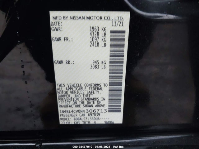 2022 NISSAN ALTIMA SR FWD VIN: 1N4BL4CV0NN306713
