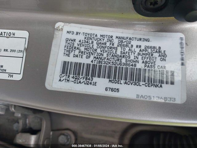 2002 TOYOTA CAMRY LE VIN: 4T1BE32K52U638648