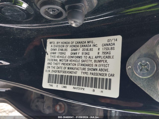 2014 HONDA CIVIC LX VIN: 2HGFB2F50EH540147