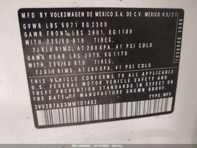 3VV2B7AX3MM101402 Volkswagen Tiguan 2.0t Se/2.0t Se R-line Black/2.0t Sel