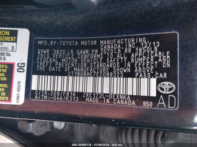 2T1BURHE7EC089323 Toyota COROLLA LE