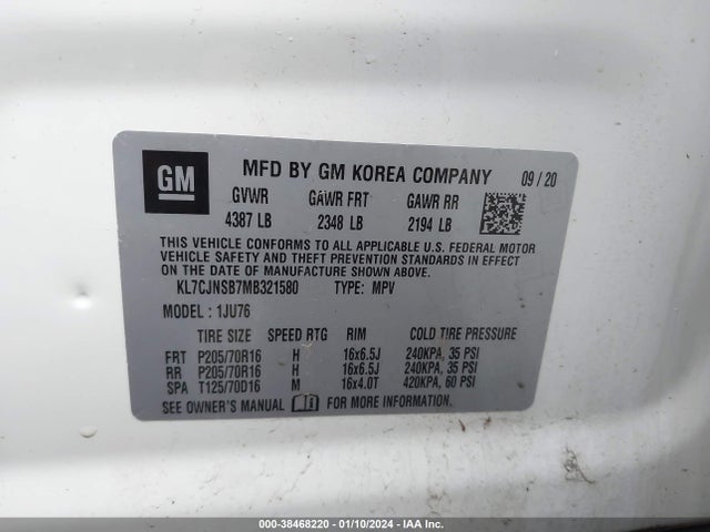 Chevrolet Trax Awd Ls 2021 KL7CJNSB7MB321580 Image 9