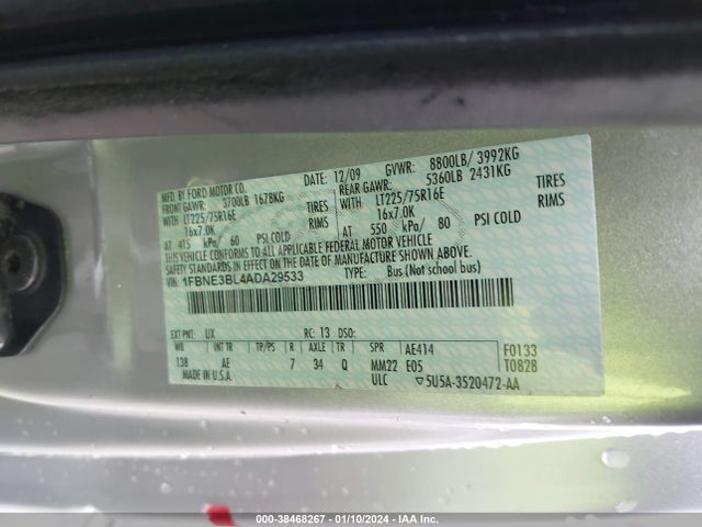2010 FORD E-350 SUPER DUTY XL/XLT VIN: 1FBNE3BL4ADA29533